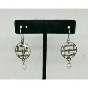 Vintage Pearl Earrings Sterling Silver Basket Weave Genuine Drop Dream Catcher
